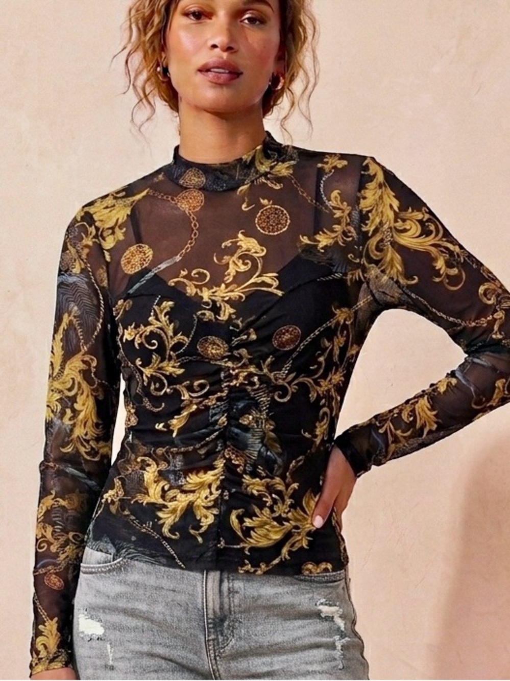 Fashion Nova Black Mesh Long Sleeve Top with Gold Baroque Print